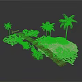 Tropical Island Scene With Wooden Pathway Palm Trees White Sand And Bushes