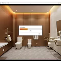 Modern Public Restroom With Golden Walls White Tiles Toilets Sinks Grab Bars And Towel Dispensers