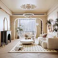 Elegant Living Room Interior Featuring Cream Sofa Ornate Chandelier Herringbone Flooring And Geometric Rug