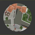 Colorful Red And Yellow Buildings In Miniature Scene With Tile Roofs Trees Pathways And Benches