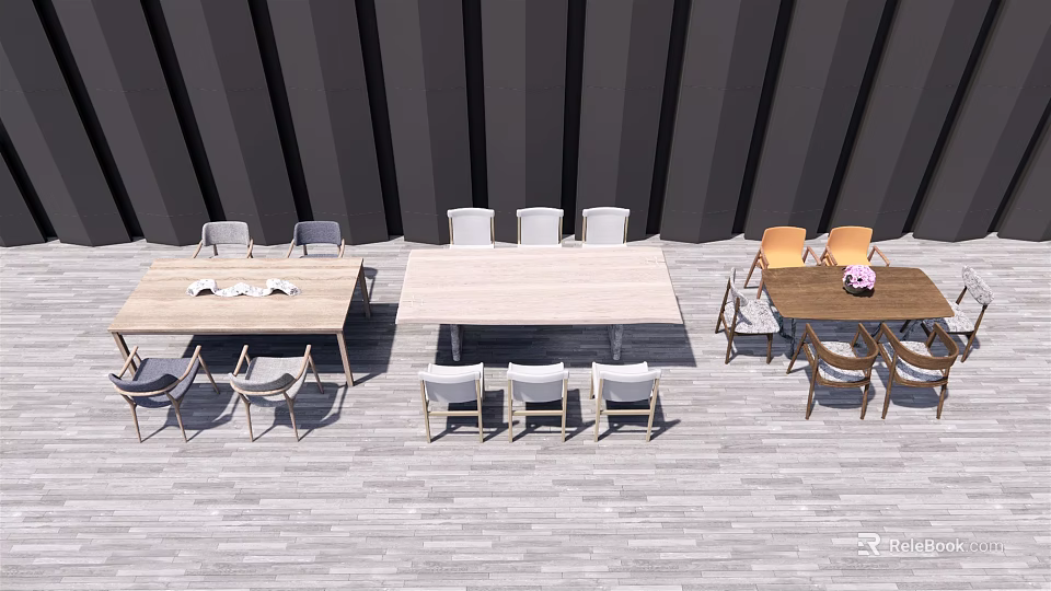 Wooden Dining Table Set With White Orange Chairs And Tabletop Decorative Items 3d model