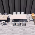 Wooden Dining Table Set With White Orange Chairs And Tabletop Decorative Items 3d model