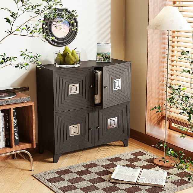 Modern Entryway Cabinet and Side Cabinet with Square Patterned Doors Fruit Bowl and Green Plants 3d model 