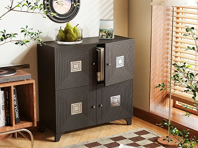 Modern Entryway Cabinet and Side Cabinet with Square Patterned Doors Fruit Bowl and Green Plants 3d model