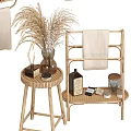 Stylish Bathroom Accessories Including Rattan Shelves Towel Racks Storage Baskets Fragrance Bottles And Decorative Plants