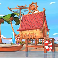 Cartoon Tropical Island Scene With Red Roof Hut Palm Trees And Blue Water
