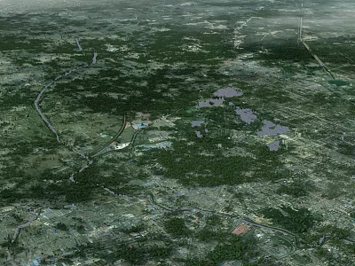Aerial Planning View of Large Scale Green Landscape Roads Water Bodies and Facilities 3d model