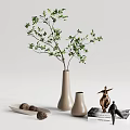 Stylish Decorative Ornament Set with Green Branches Beige Vases Golden Sculpture Pinecones White Plate Books