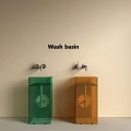 Two Sleek Transparent Green And Orange Wash Basins With Faucets Against Light Wall