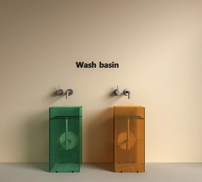 Two Sleek Transparent Green And Orange Wash Basins With Faucets Against Light Wall 3d model