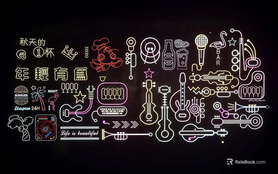 Neon Style Decorative Lights with Musical Instruments Microphones Stars and Notes 3d model 