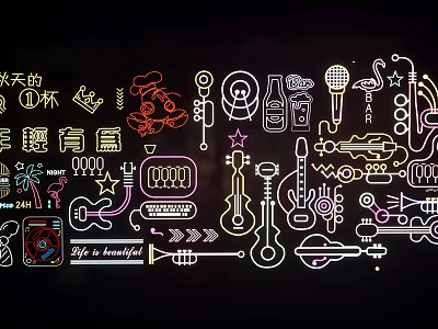 Neon Style Decorative Lights with Musical Instruments Microphones Stars and Notes 3d model