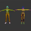 Two Female Characters In Yellow Outfits With Arms Outstretched And Reflections On Gray Background