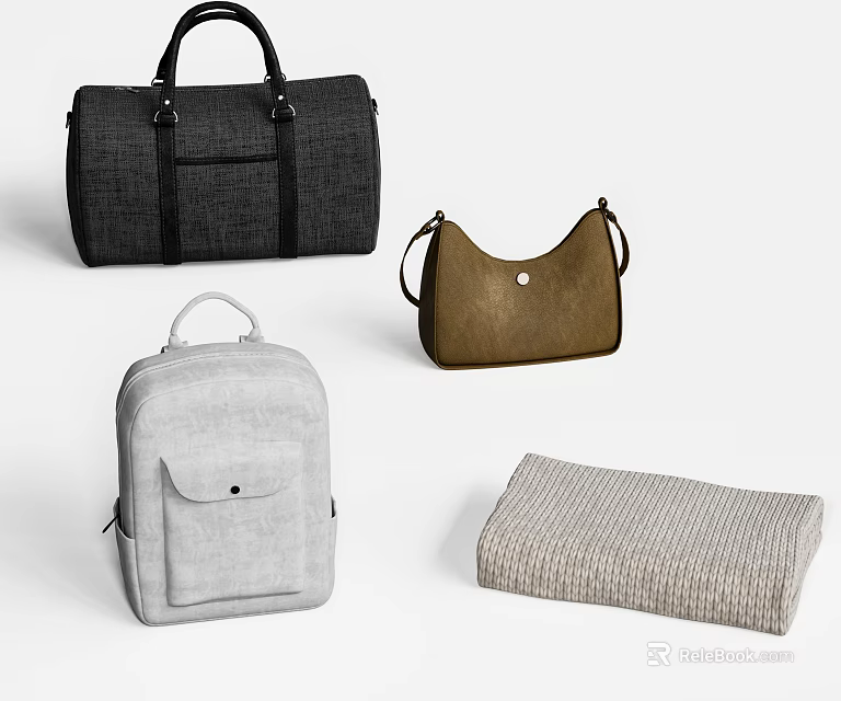 Different Colored Bags Including Black Fabric Duffel Brown Leather Handbag Gray Backpack And Beige Woven Storage Bag 3d model 