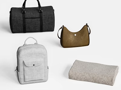 Different Colored Bags Including Black Fabric Duffel Brown Leather Handbag Gray Backpack And Beige Woven Storage Bag 3d model