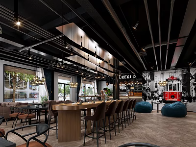 Modern Cafe Interior Design With Pendant Lights Round Tables And Red Tram Decor 3d model