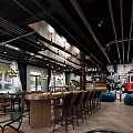 Modern Cafe Interior Design With Pendant Lights Round Tables And Red Tram Decor