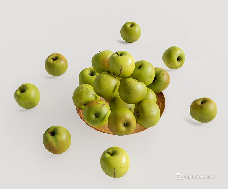 Fresh Green Apples in Wooden Bowl with Scattered Ones on White Background 3d model 