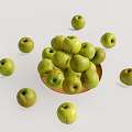 Fresh Green Apples in Wooden Bowl with Scattered Ones on White Background