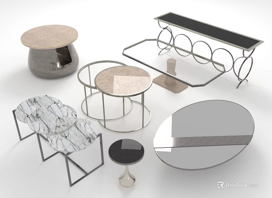 Modern Coffee Tables with Marble Glass Tops and Metal Frames in Round Oval Designs 3d model 