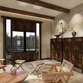Natural Style Living Space With Wooden Ceiling Beams Fireplace Bamboo Blinds And Decorative Art