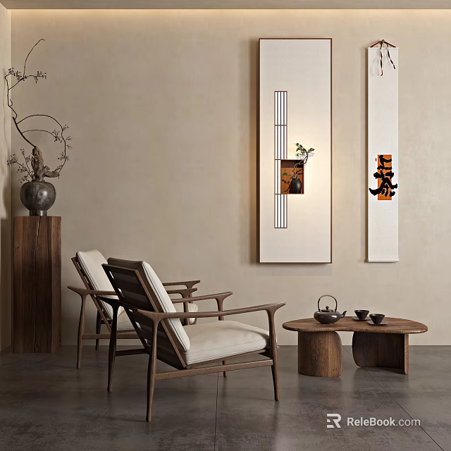 Leisure Chairs with Wooden Frame White Cushions Oriental Wall Art Vase and Wooden Coffee Table 3d model 