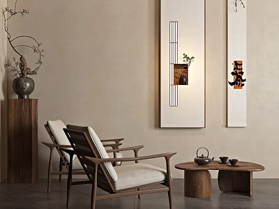 Leisure Chairs with Wooden Frame White Cushions Oriental Wall Art Vase and Wooden Coffee Table 3d model