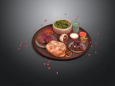 Wooden Tray With Assorted Foods Green Vegetables Beverage Red Berries Egg And Ingredients 3d model