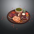Wooden Tray With Assorted Foods Green Vegetables Beverage Red Berries Egg And Ingredients