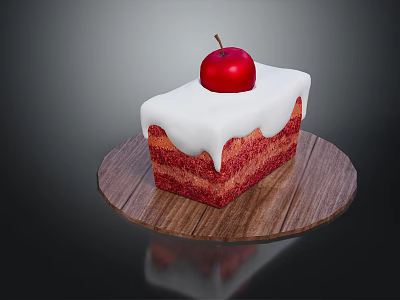 Red Velvet Cake Topped with White Frosting and Red Apple on Wooden Tray 3d model