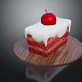 Red Velvet Cake Topped with White Frosting and Red Apple on Wooden Tray