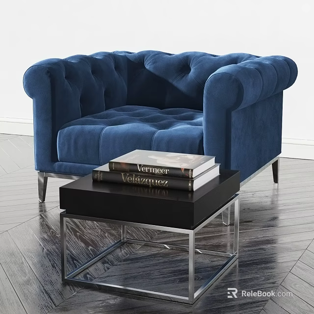 Blue Velvet Single Sofa with Tufted Buttons Metal Legs and Black Side Table 3d model 