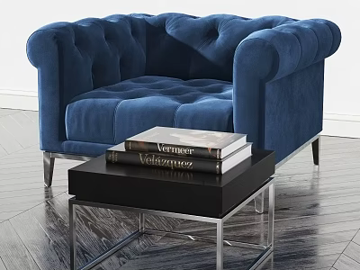 Blue Velvet Single Sofa with Tufted Buttons Metal Legs and Black Side Table 3d model