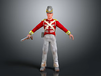 Military Character in Red Uniform Gray Hat White Pants Holding Gun With Gold Accents 3d model