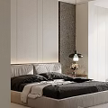 Modern Bedroom Interior Featuring Dark Bedding White Panel Walls and Table Lamp on Nightstand