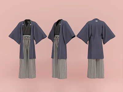 Dark Blue Kimono Clothing With Striped Pants Shown In Three Angles On Pink Background 3d model