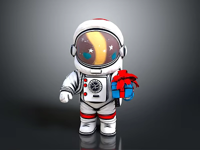 Astronaut Figurine in White Spacesuit with Helmet Yellow Moon Stars Blue Gift Box Red Ribbon 3d model