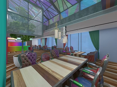 Colorful Glass Skylight Café Interior With Wooden Dining Tables And Colorful Chairs 3d model