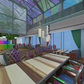 Colorful Glass Skylight Café Interior With Wooden Dining Tables And Colorful Chairs