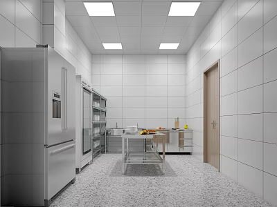 Commercial Kitchen With White Tiled Walls Stainless Steel Refrigerators Worktable Gray Floor Tiles Recessed Lights 3d model