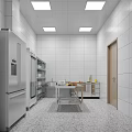 Commercial Kitchen With White Tiled Walls Stainless Steel Refrigerators Worktable Gray Floor Tiles Recessed Lights