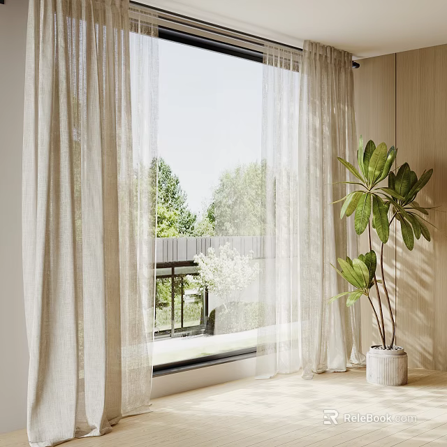 White Sheer Curtains With Wooden Wall Indoor Green Plant And Balcony Featuring Green Trees Outside 3d model 