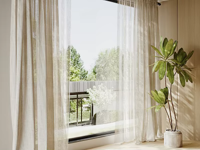 White Sheer Curtains With Wooden Wall Indoor Green Plant And Balcony Featuring Green Trees Outside 3d model