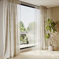 White Sheer Curtains With Wooden Wall Indoor Green Plant And Balcony Featuring Green Trees Outside