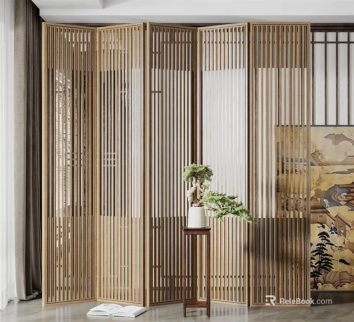 Bamboo Japanese Style Room Divider Screen With Decorative Plant And Traditional Painting 3d model 