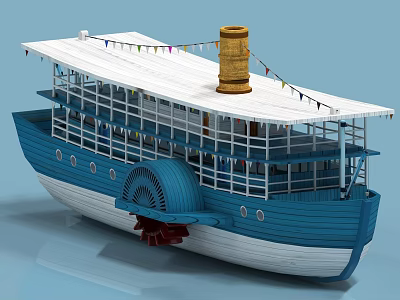 Blue And White Two Deck Paddlewheel Steamship With Golden Cylindrical Structure And Colorful Flags 3d model