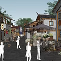 Traditional Park Landscape With Stone Pathway Architecture Flower Pots Lanterns Umbrella And Walking People