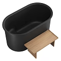 Modern White Freestanding Bathtub With Sleek Design And Natural Wooden Bench