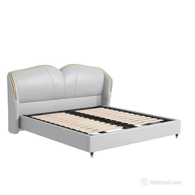 Double Bed With Gray Upholstered Double Backrest Headboard Gold Trim Gray Frame And Wooden Slats 3d model 
