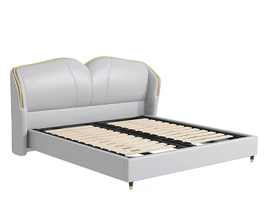 Double Bed With Gray Upholstered Double Backrest Headboard Gold Trim Gray Frame And Wooden Slats 3d model